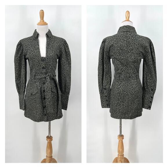 MARISSA WEBB Mera Leopard Print Denim Dress Womens Small Olive Green Belted - Picture 4 of 16